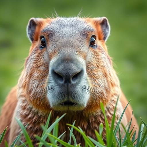 Foto de perfil de la manada: un capibara mirando a la cámara sobre la hierba